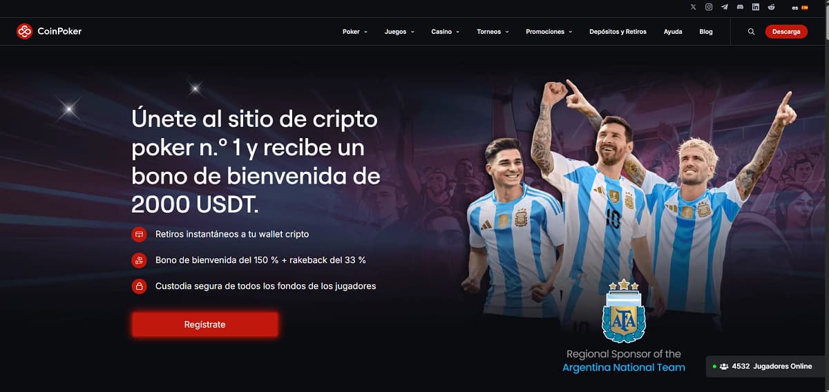 Página de inicio de CoinPoker con un banner que promociona un bono de bienvenida del 150% hasta 2.000 US$. Diseño con dados y una moneda dorada; la navegación ofrece inicio de sesión y registro, con opción de idioma alemán disponible.
