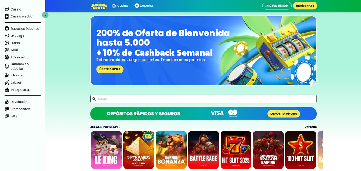 Captura de pantalla de la página de inicio de Samba Slots con un banner de «Oferta de bienvenida del 200% hasta 5.000 € + 10% de cashback semanal», acompañado de llamativas imágenes de tragamonedas y fichas de póker.